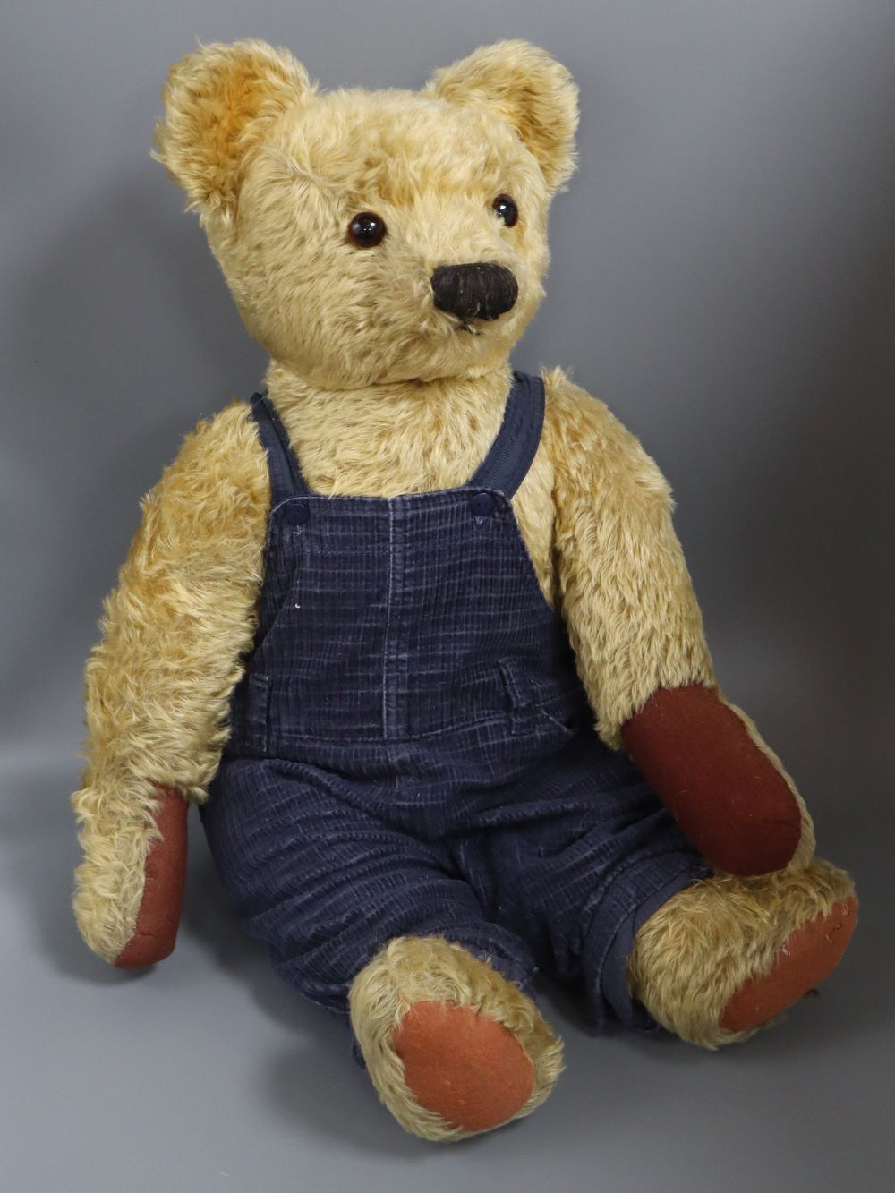 A large Chad Valley 1950s bear, in blue dungarees, 27in., good condition with new paw pads